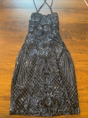 Black Sequin Halter Cocktail Dress